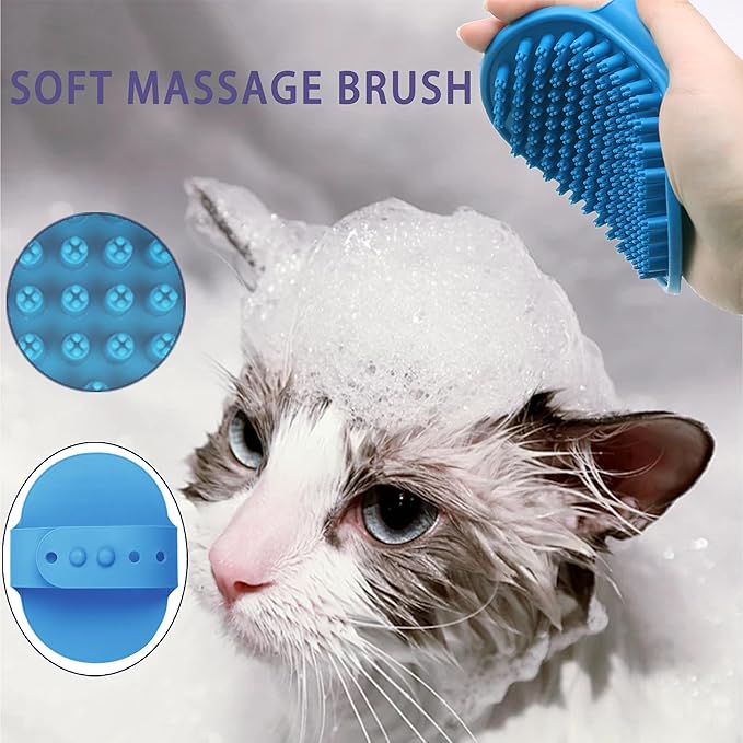 Cat Grooming Brush Kit 6 Tools - Deshedding & Dematting for Long/Short Hair, Self-Cleaning Slicker Brush with 6-in-1 Flea Comb for Cats & Kittens (Blue)-PawvioPets