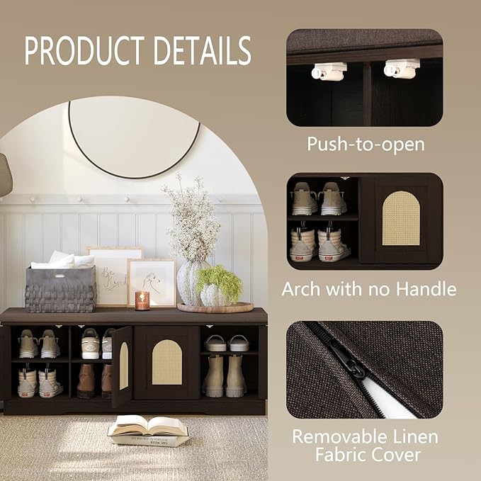 DINZI LVJ Shoe Bench, Entryway Storage Bench with Doors, Cushion, 2-Tier Shoe Rack with 8-Cubby, 47.2”L x 13.8”W Shoe Organizer Cabinet, Adjustable Shelf, Living Room, Bedroom, Espresso with Rattan-PawvioPets