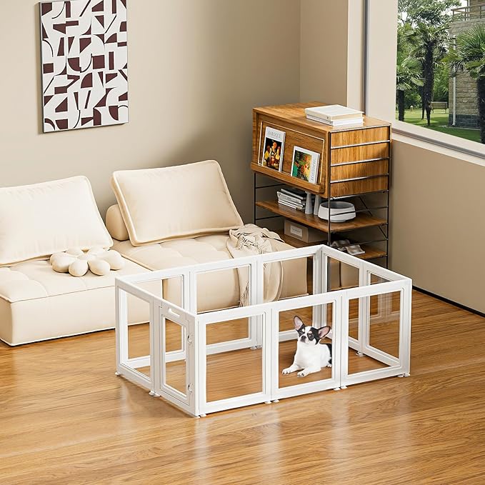 Dog Playpen Transparent Puppy Playpen Indoor, Easy Assemble & Disassemble Clear Pet Playpen, Sturdy & Easy Cleaning Plastic Dog Fence with Suction Cup (23.6"" H, 10PCS), White-PawvioPets