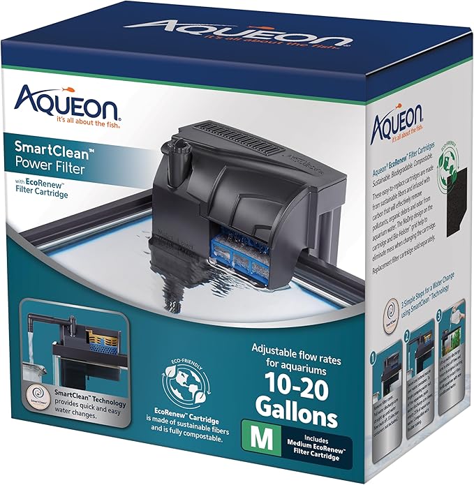 Aqueon Aquarium Fish Tank SmartClean Power Filter with EcoRenew Filter Cartridge, 10-20 Gallons-PawvioPets