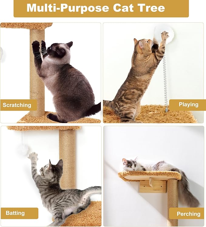 Brown Wall Mounted Cat Wall Climber & Tree for Kittens, 4 Platform Cat Shelves with Brown Plush Cushions, Floating Furniture for Climbing, Lounging, Scratching – 49” Tall-PawvioPets