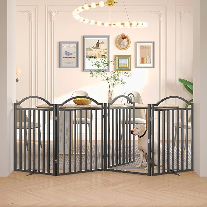 BHG Metal No-Assembly Freestanding Dog Gate with Door Walk Through, Extra Wide 96", Extra Tall 32" Pet Gate, Accordion Puppy Folding Playpen Dog Fence for Indoor & Outdoor, with 2PCS Support - Black-PawvioPets
