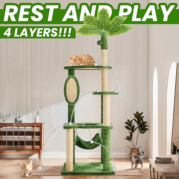 55 Inch Large Cat Tree Tower for Indoor Cats with Hammock Green Leaves Sisal Scratching Post, Plush Hang Ball Play Furniture for Kittens & Adult Cats,New Green-PawvioPets