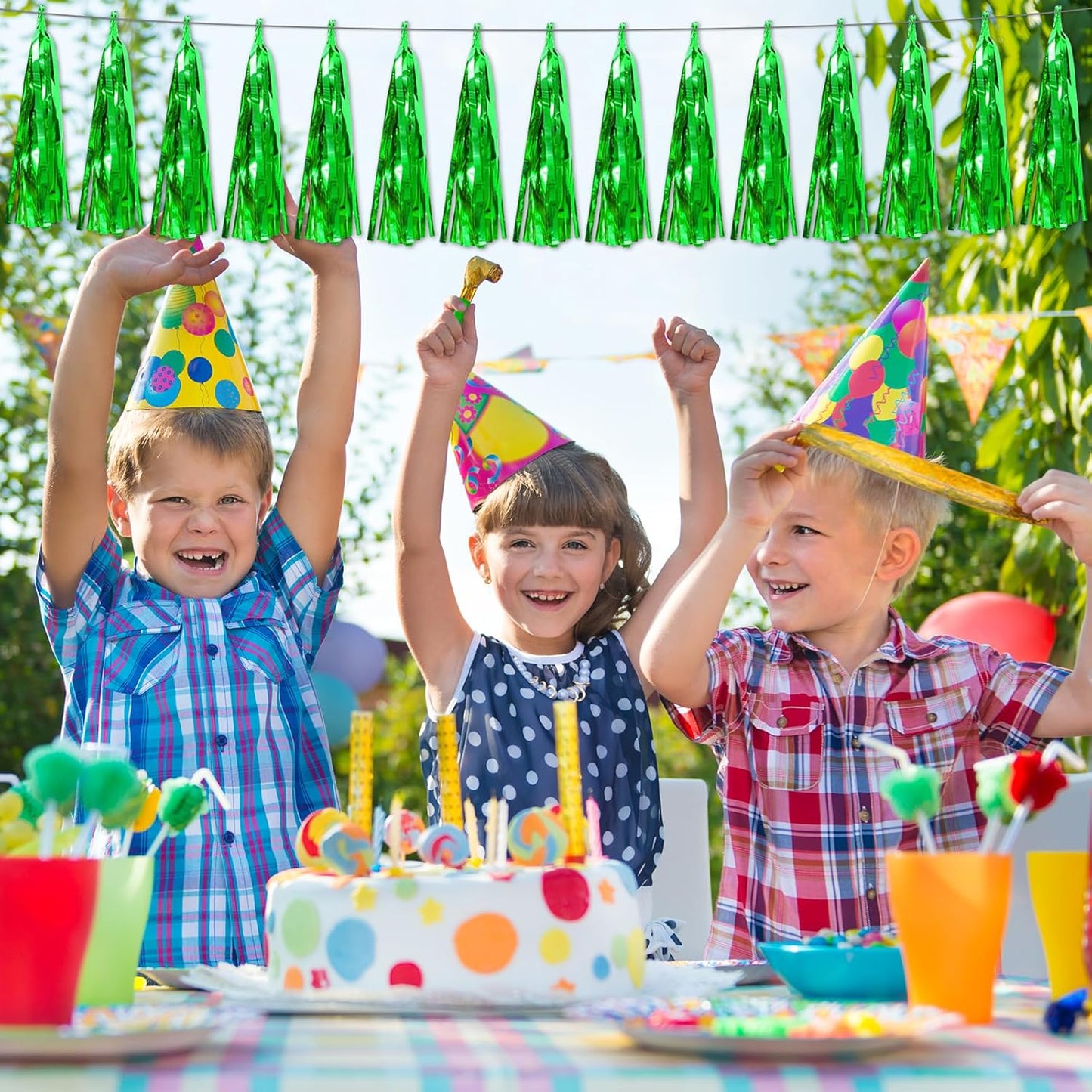 8P Green Foil Fringe Metallic Tassel Streamers Banner Tassel Garland for Parade Floats, Bachelorette, Wedding, Birthday, Halloween, Christmas, Bridal/Baby Shower Party Decorations