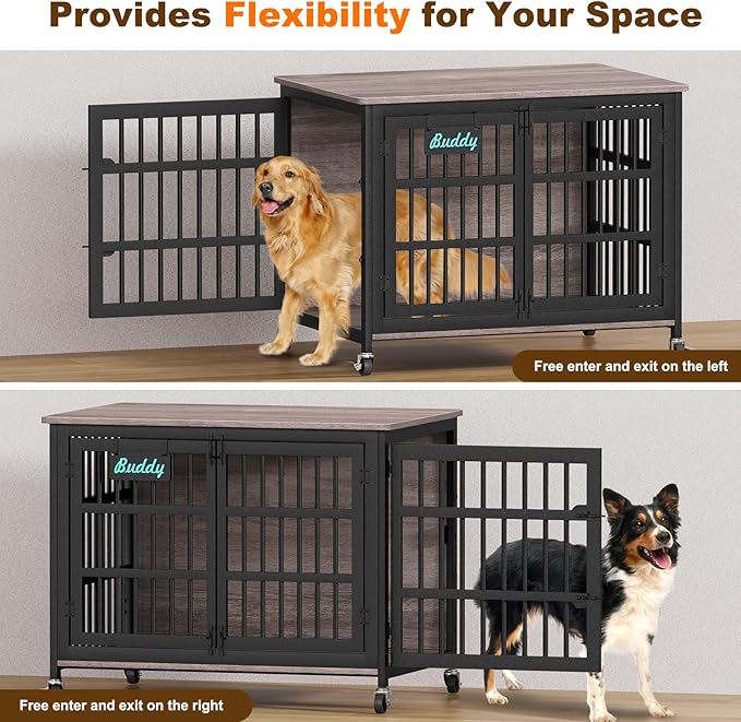 EasyCom 42"/41"/33" XL Dog Crate Furniture with Casters, Heavy Duty Dog Kennel Indoor for Large and Medium Dogs, Double-Doors Sturdy Dog Cage for Anxiety Dog, Decorate House as TV Stand, Bedside Table-PawvioPets
