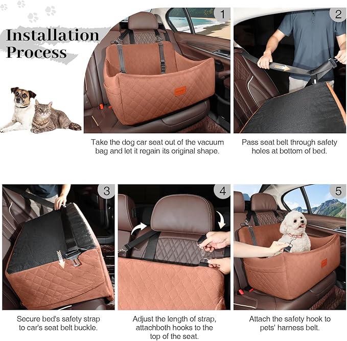 Dog Car Seat for Medium & Large Dogs Up to 55lbs, Memory Foam Cushion, Washable Cover, Safety Straps & Non-Slip Base (Brown, Large)-PawvioPets