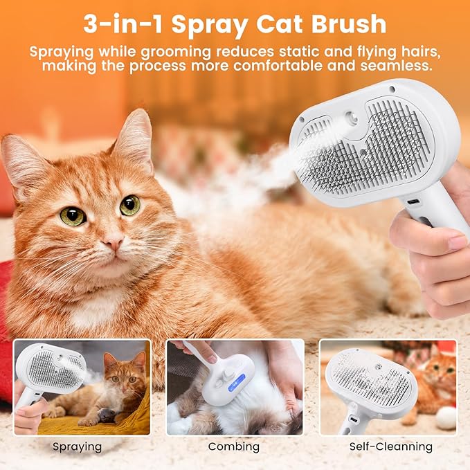 3 in 1 Cat Steam Brush, Pet Steam Brush for Cat Dog Long Short Haired, Pet Spray Hair Removal Comb for Small Animals Shedding & Grooming, Water Mist Spray Brushes with Release Button(White)-PawvioPets