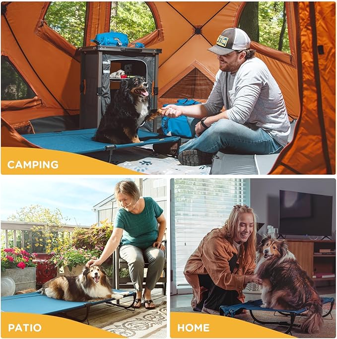 Daisy Cot, Medium Foldable Elevated Dog Bed, Portable Raised Outdoor Folding Dog Cot, Cooling, Chew Proof, Waterproof, Heavy Duty Up to 160 Lbs for Camping/Home, Dark Blue, 32"x 19"x6"-PawvioPets