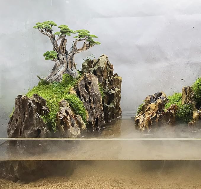 Fish Tank Decor- Bonsai Tree of The Forest with Faux Moss- Aquarium Decoration Aquascaping- Made of Sandstone, 8.8 x 4.3 x 7.8 inches-PawvioPets