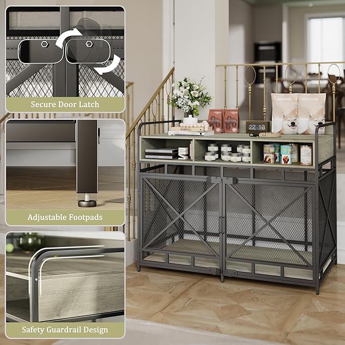 Dog Crate Furniture, 48" Heavy Duty Wooden Dog Crate End Table, XL Dog Kennel Furniture Large Breed, Decorative Dog Kennel Indoor with 3 Drawers & Steel Tubes 48" L x28 W x38 H (Grey)-PawvioPets