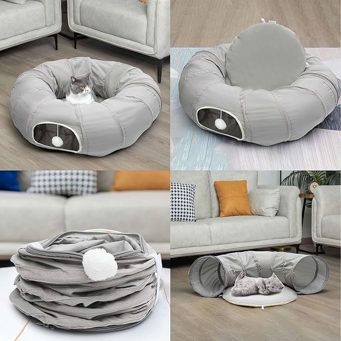 AUOON Cat Play Tunnel - Round Cat Tunnel with Bed | Interactive Cat Toys for Indoor Cats Kitten Kitty Puppy Rabbit Ferret (Light Grey)-PawvioPets