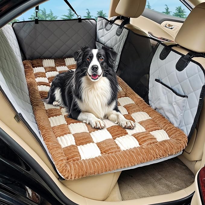 Dog Car Bed Mat, Non-Slip Backseat Extender Pet Blanket, Plaid Dog Bed for Trucks, Sedans & Large SUVs, Chew-Resistant Travel Pad for Dogs, Easy Clean & Scratch-Proof & Comfort (56"x28.7")-PawvioPets