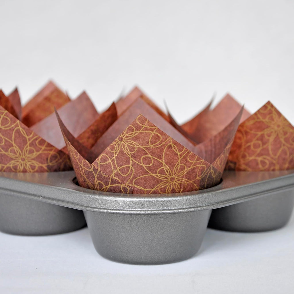 (JUMBO Large size) Brown Golden pattern Tulip Baking Cups 2-1/4"(Base diameter) x 3-3/4"(Wall height) Greaseproof paper Muffin liners, Case of 130 pcs