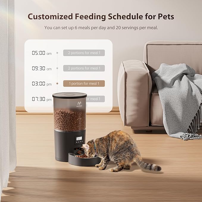 Automatic Cat Feeders, 5L Large Capacity, Timed Feeding Dry Food, Dual Power Design, Programmable Portion Size, 1-6 Meals Per Day, with Desiccant, Suitable for Small Pets Food Dispenser, Black-PawvioPets