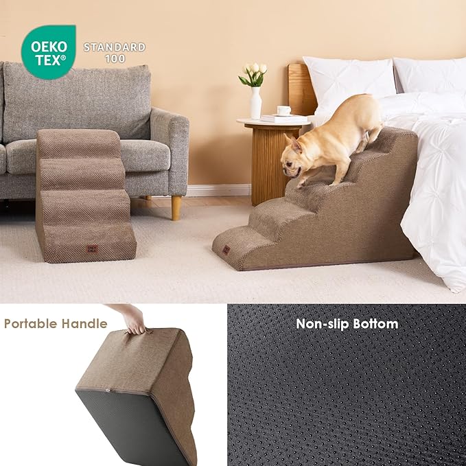 EHEYCIGA Curved Dog Stairs Ramp for High Beds 22.6" H, 5-Step Dog Steps for Small Dogs and Cats, Pet Stairs for High Bed Climbing, Non-Slip Balanced Pet Step Indoor, Camel-PawvioPets