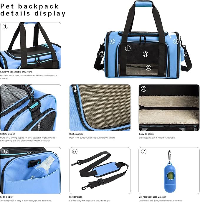 Cat Carrier Dog Carrier Pet Carrier Cat Bags for Small Medium Cats Dogs Puppies of 15 Lbs,of Airline Approved Small Dog Bag Soft Sided,Collapsible Travel Puppy Carrier (Medium, Blue)-PawvioPets