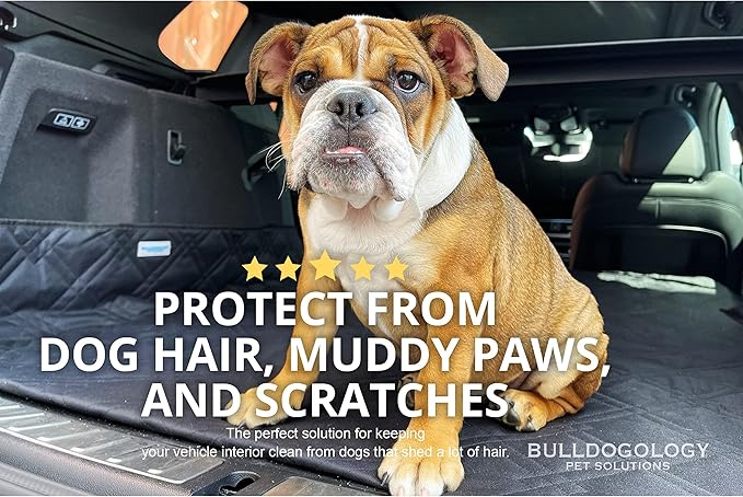 Bulldogology SUV Cargo Liner for Dogs 55"x106" Heavy Duty Pet Trunk Cargo Cover - Dog Car Seat Cover Waterproof Nonslip - Dog Hair, Muddy Paws, Scratches Cover Protector for Cars Vans (X-Large, Black)-PawvioPets