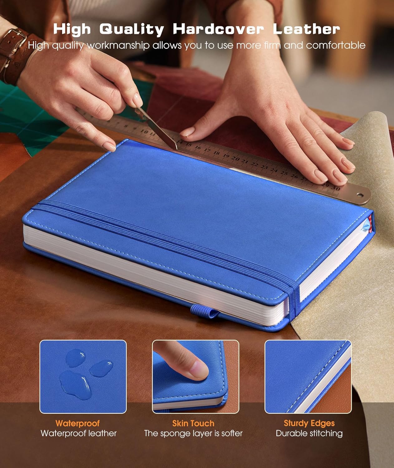 Lined Journal Notebook for Women Men, 256 Numbered Pages Hardcover Leather Journals for Writing, A5 Journaling Notebooks, College Ruled Journal for Business Work School Note Taking 5.75" x 8.38" Blue