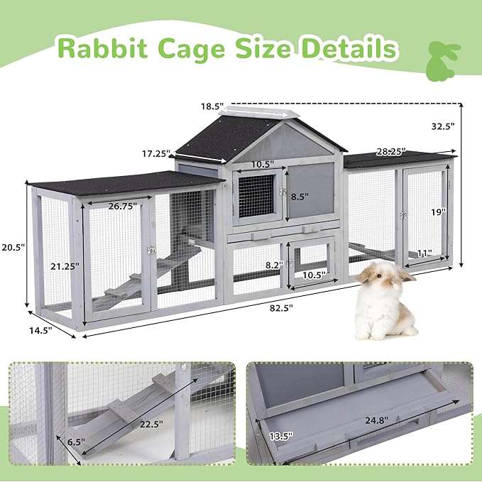 82.5” Large Wooden Rabbit Hutch Outdoor Easy to Assemble Rabbit Cage and Durable Bunny Hutch Indoor with Cleaning Tray & Waterproof Roof for Small and Medium Bunny Rabbit Chick (Grey)-PawvioPets