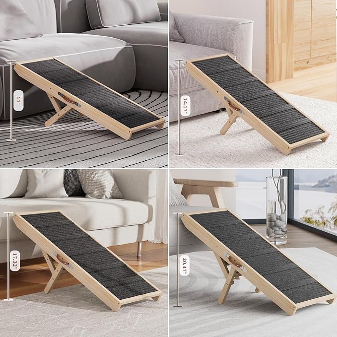 Dog Ramp for Couch, Wooden Pet Ramps 39.37" Long Adjustable 11"-20.47" Folding Puppy Ramps with High Traction Mat, Dog Stairs for Small & Medium Older Dogs & Cats, up to 150lbs-PawvioPets