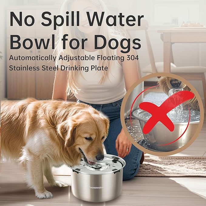 5.6L/190oz Large Dog Water Bowl No Spill, No Drip Dog Water Dispenser with Floating Disk, Stainless Steel Slow Drinking Bowl for Small Medium & Large Dogs-PawvioPets