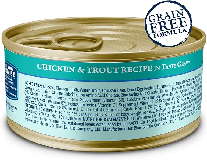 Blue Buffalo Wilderness Wild Delights Minced Wet Cat Food, High-Protein & Grain-Free, Made with Natural Ingredients, Chicken & Trout Recipe in Tasty Gravy, 5.5-oz. Cans (24 Count)-PawvioPets