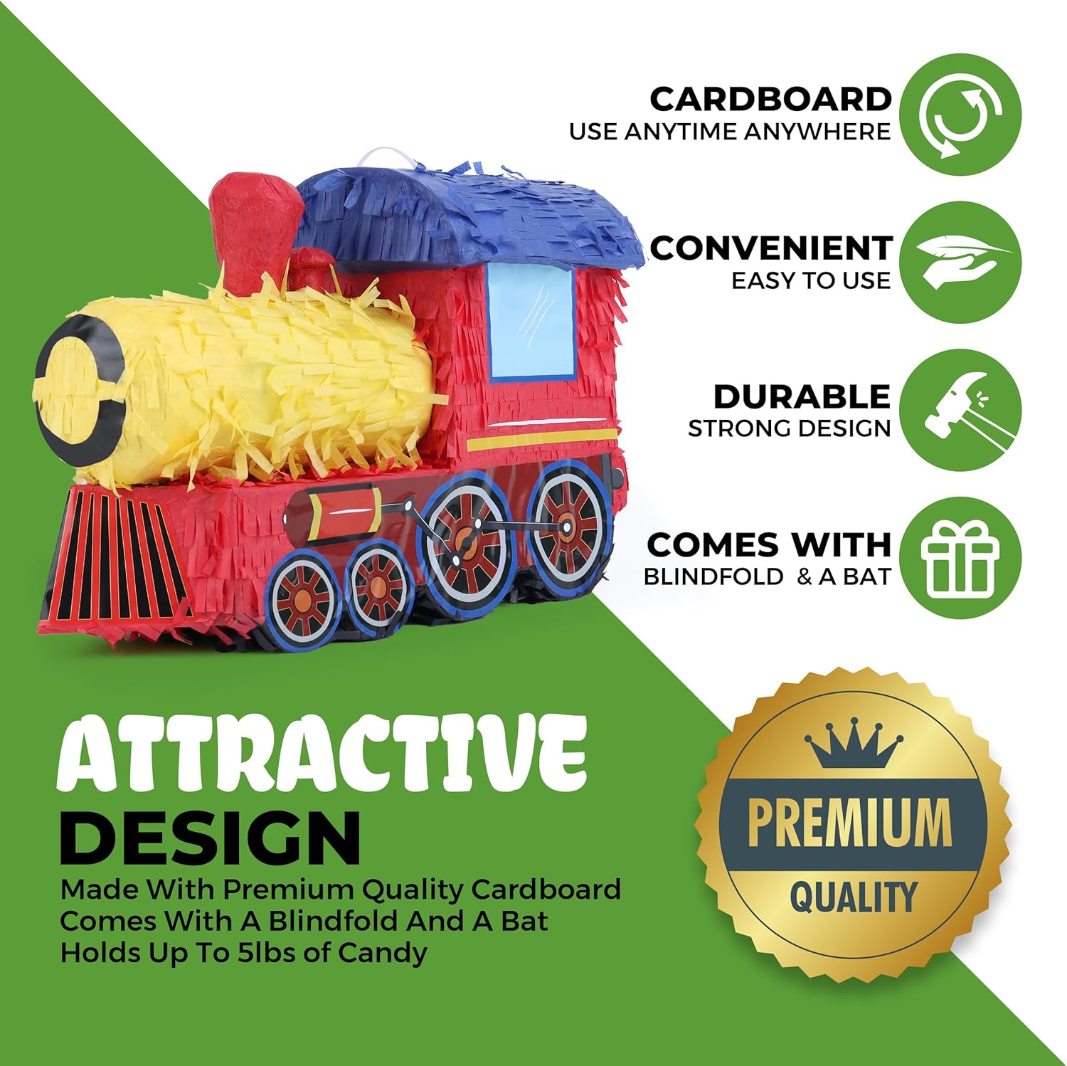 3D Train Pinata Bundle with a Blindfold and Bat (16x10.6x6.7 Inches), Train Pinata for Boys Birthday Party Supplies, Perfect for Birthday Party, Train Theme Party, Decoration