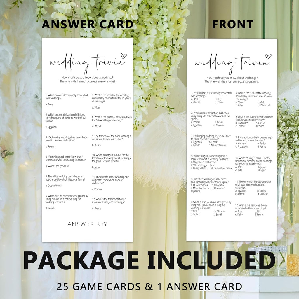 Bridal Shower Games, Wedding Trivia, 25Pcs 4x9inch Minimalist White Double-Sided Bridal Game Cards with 1 Answer Key, Wedding Shower Games for Guests, Engagement Bachelorette Party Supplies - A08