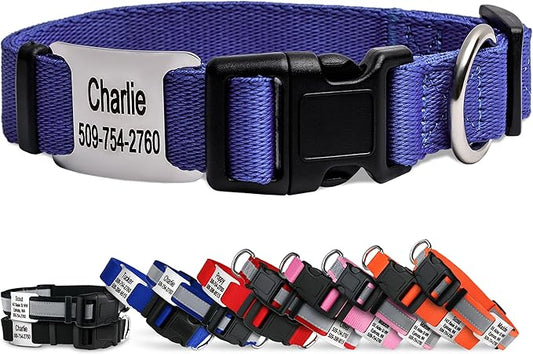 GoTags Personalized Dog Collar with Nameplate, Adjustable Dog Collar with Custom Engraved Slide On Pet ID Tag in Stainless Steel, Silent, No Noise Dog Tag (Lavender, X-Small)-PawvioPets