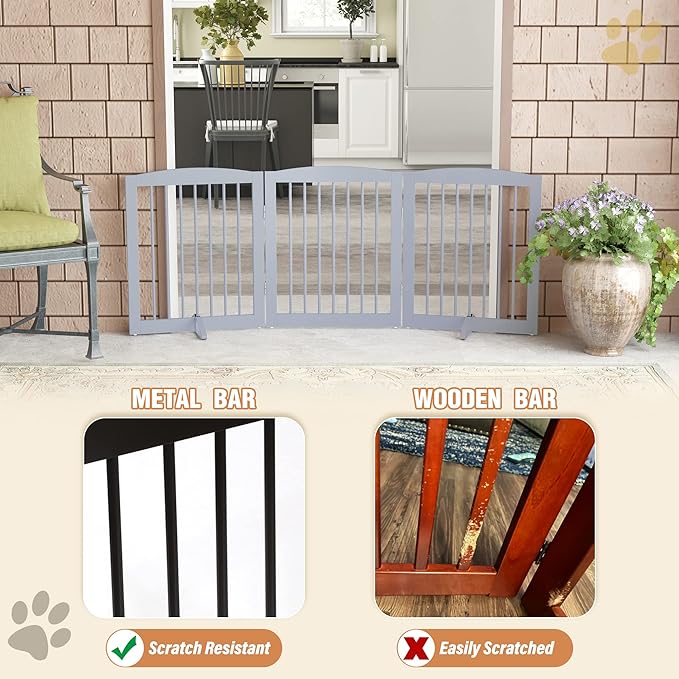 Freestanding Pet Gate for Dogs, Foldable Wooden Dog Gate for House, Indoor Dog Gate for Doorways, Stairs, Gates for Dogs Indoor, Support Feet Included, 24" Height 3 Panels, Grey-PawvioPets