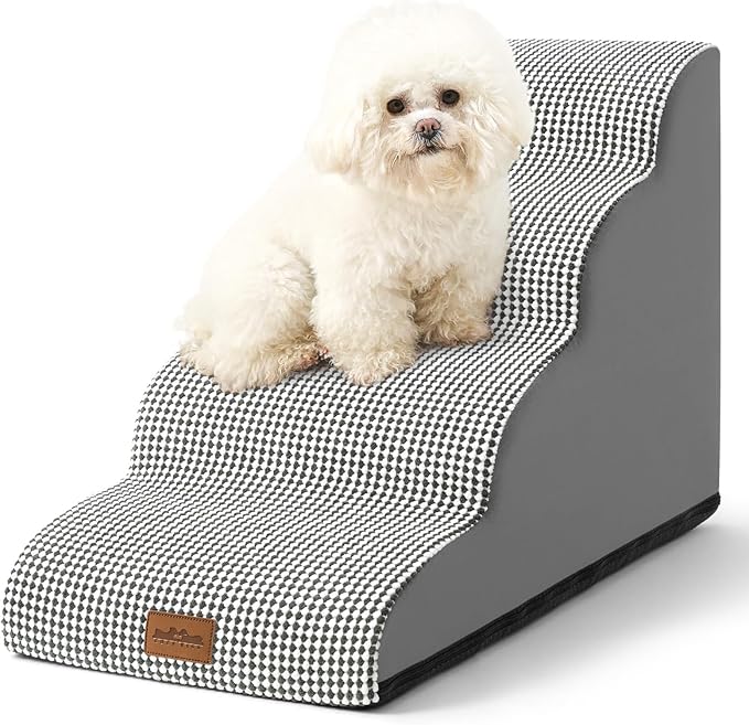 Dog Stairs for Small Dogs 19.7" H, Curved Dog Step for Puppy, Older or Cat, Medium Pet Ramp for Sofa, Couch or Bed, Ladder with High Density Foam, 15.7x28.3x19.7 inch, 4 Step, White Black-PawvioPets