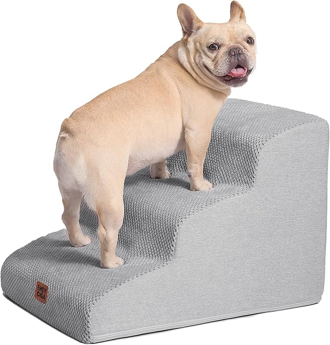 EHEYCIGA Curved Dog Stairs Ramp for Small Dogs 15.7" H, 3-Step Dog Steps for Couch Sofa and Chair, Pet Stairs for Cats, Non-Slip Balanced Pet Steps Indoor, Light Grey-PawvioPets