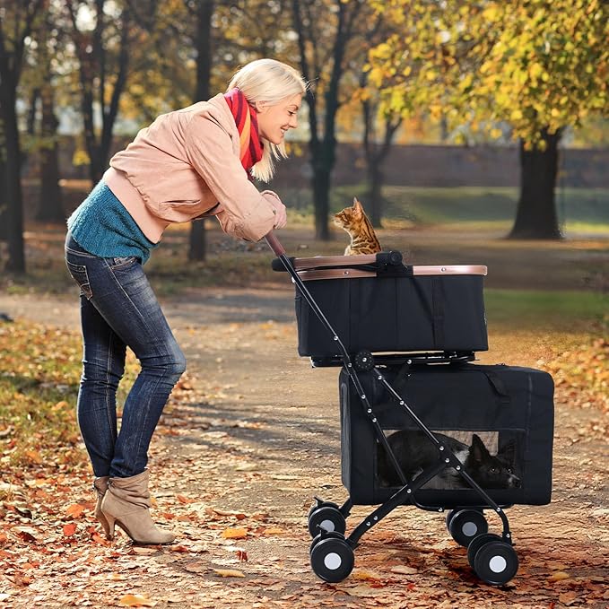 Double Pet Stroller for Small Medium Dogs - 4 In1 Dog Stroller for 2 Pets, Detachable and Foldable with 360°Rotating Wheels, Easy Assembly and Compact Size-PawvioPets