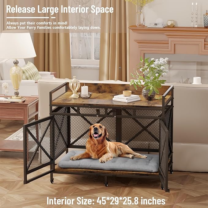 COZPAW Large Dog Crate Furniture, 48 Inch Wooden Dog Kennel for XLarge Dogs, Heavy Duty Dogs Furniture Indoor Wire Dog Cage with Caster Wheels, Decorative Pet House End Table, Brown-PawvioPets