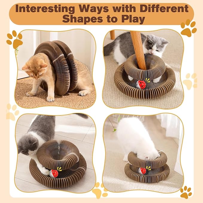 2 PCS Magic Organ Cat Scratcher Board with 6 Balls, Foldable Recyclable Accordion Cats Toy with Ball and Track Adventure, Cat Scratching Pad, Retractable Reversible Furniture Protector(Brown)-PawvioPets