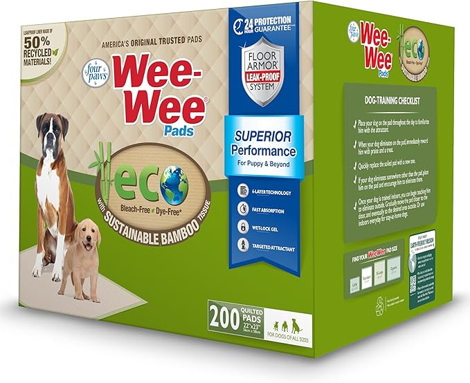 Four Paws Wee-Wee Superior Performance Bamboo Pee Pads for Dogs, Earth Friendly Dog & Puppy Potty Training Pads, Crate Liners, Housebreaking Supplies, 22" x 23" (200 Count)-PawvioPets