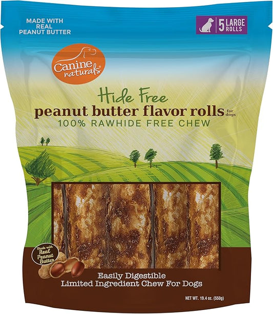 Canine Naturals Peanut Butter Chew - 100% Rawhide Free Dog Treats - Made with Real Peanut Butter - All-Natural and Easily Digestible - 5 Pack of 7 Inch Large Rolls for Dogs 50-75lb-PawvioPets