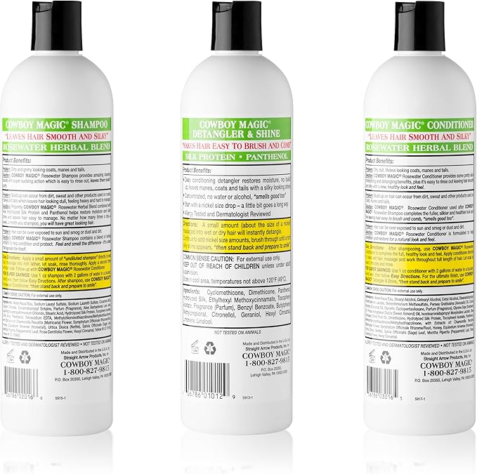 Cowboy Magic Shampoo + Conditioner + Detangler & Shine 16 Ounce each With Silk Panthenol and Honey Great For Horse, Humans, And Dogs Too Silky Coats And Hair-PawvioPets