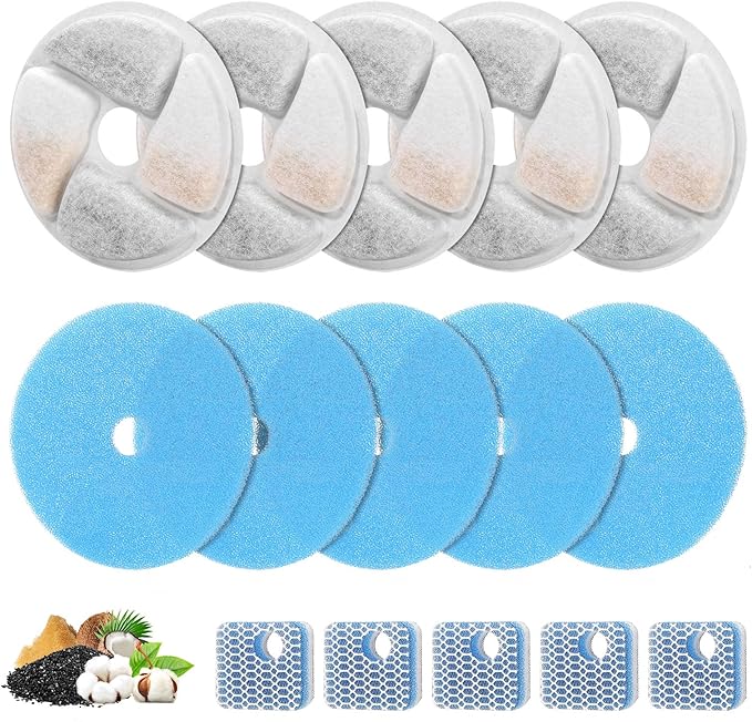 5 Set Cat Water Fountain Filter Replacement for Square 2.2L/73oz Stainless Steel Cat Fountain, ZEKIRY Pet Fountain Filter, Triple Filtration Replacement Filters(5 Filter, 5 Sponge, 5 8D Sponge)-PawvioPets