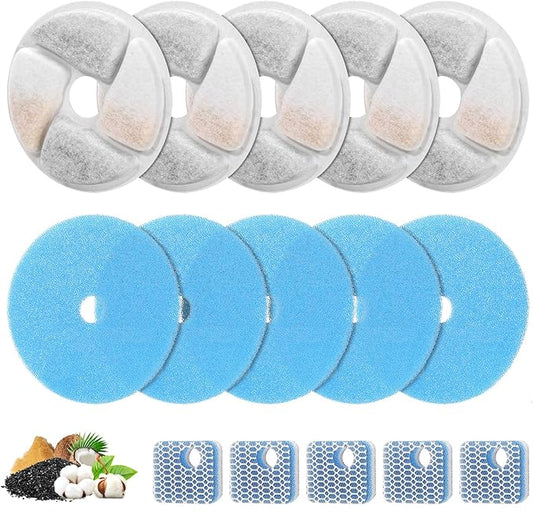 5 Set Cat Water Fountain Filter Replacement for Square 2.2L/73oz Stainless Steel Cat Fountain, ZEKIRY Pet Fountain Filter, Triple Filtration Replacement Filters(5 Filter, 5 Sponge, 5 8D Sponge)-PawvioPets