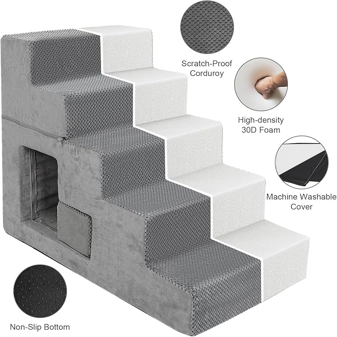 Dog Stairs for Small Dogs 23” H, 5-Step Dog Steps for High Bed, High-Density Foam Pet Stairs with Non-Slip Removable Washable Cover to Get on Bed-PawvioPets