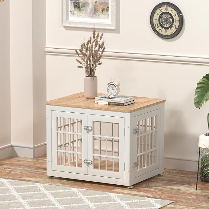 26 Inch Heavy Duty Dog Crate Furniture for Small Dogs, Decorative Pet House End Table, Wooden Cage Kennel Furniture Indoor, White and Natural-PawvioPets