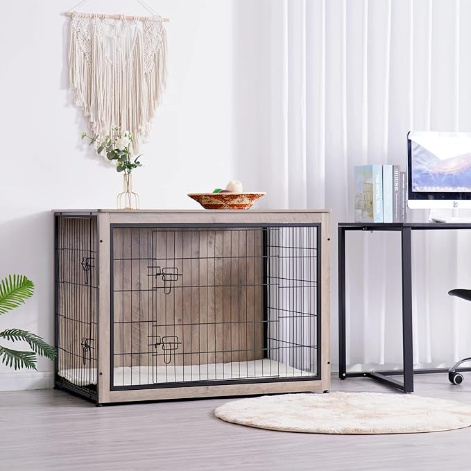 DWANTON Dog Crate Furniture with Cushion, Wooden Kennel Table with Double Doors, Indoor Dog House, Extra Large Size, 43.3" L, Greige-PawvioPets