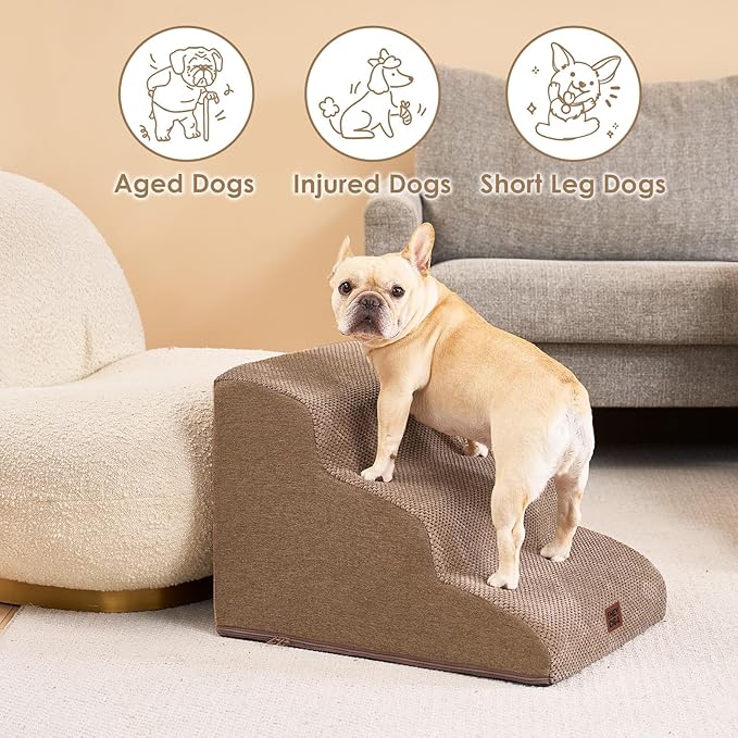 EHEYCIGA Curved Dog Stairs Ramp for Small Dogs 15.7" H, 3-Step Dog Steps for Couch Sofa and Chair, Pet Stairs for Cats, Non-Slip Balanced Pet Steps Indoor, Camel-PawvioPets