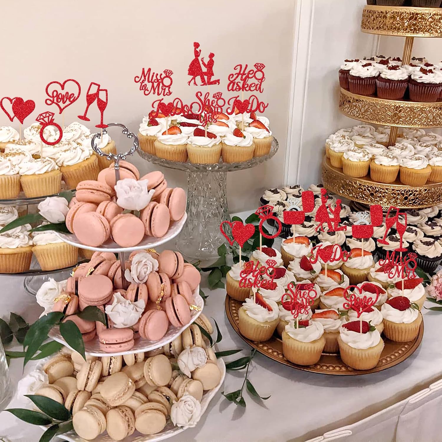 30 PCS He Asked She Said Yes Cupcake Toppers Glitter Engagement Cupcake Toppers Miss to Mrs I Do Love Heart Ring Miss to Mrs Cupcake Picks for Wedding Engagement Party Cake Decorations Supplies Red