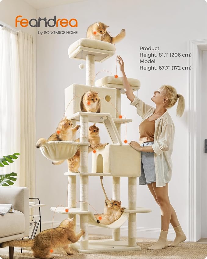Feandrea Cat Tree, 81.1-Inch Large Cat Tower with 13 Scratching Posts, 2 Perches, 2 Caves, Basket, Hammock, Pompoms, Multi-Level Plush Cat Condo for Indoor Cats, Beige UPCT190M01-PawvioPets