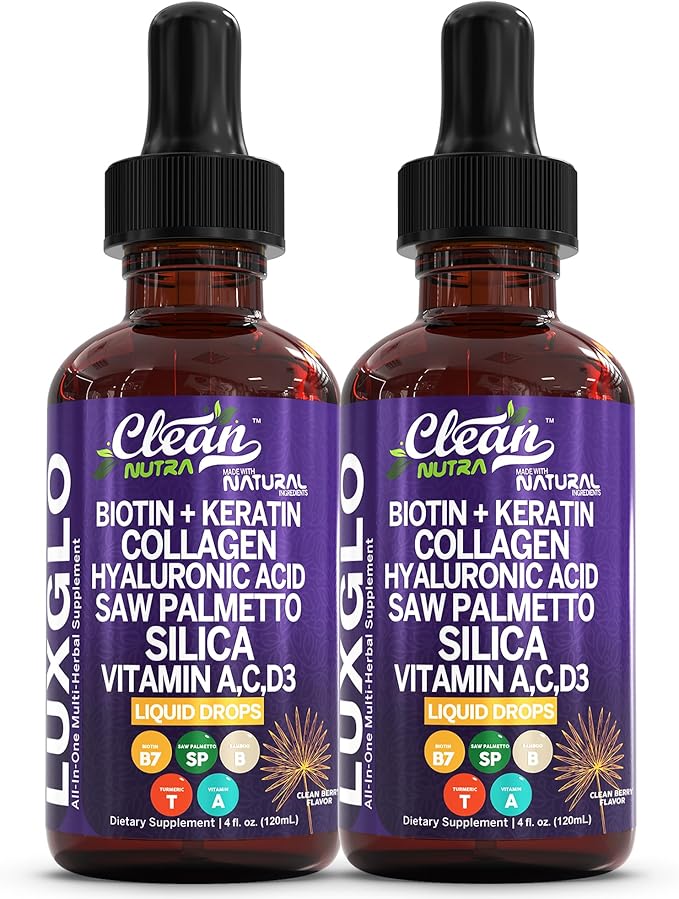 Biotin Liquid Drops Collagen Keratin Hyaluronic Acid Saw Palmetto for Hair Skin and Nails Silica Vitamin A C Vitamin D Bamboo Turmeric Zinc Folate Magnesium Horsetail LuxGlo by Clean Nutra - 2Pack-PawvioPets