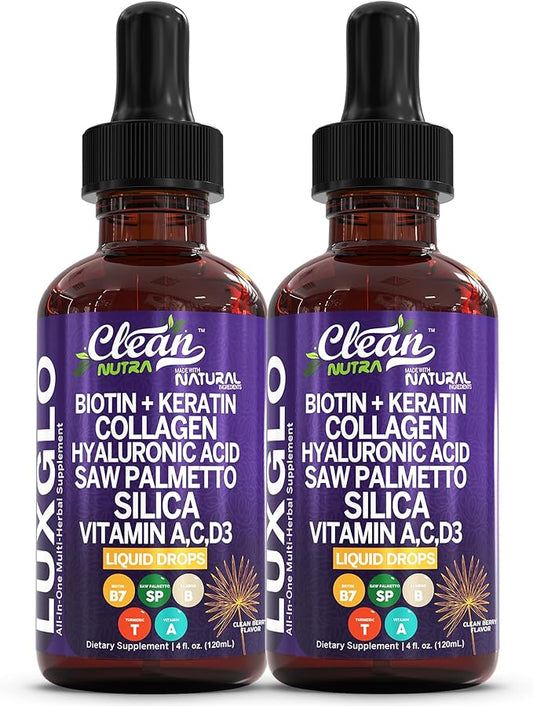 Biotin Liquid Drops Collagen Keratin Hyaluronic Acid Saw Palmetto for Hair Skin and Nails Silica Vitamin A C Vitamin D Bamboo Turmeric Zinc Folate Magnesium Horsetail LuxGlo by Clean Nutra - 2Pack-PawvioPets