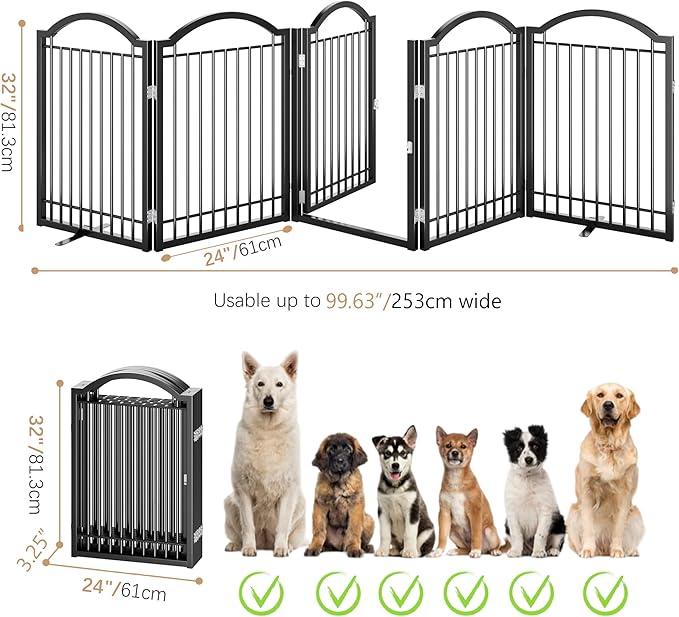 BHG Metal No-Assembly Freestanding Dog Gate with Door Walk Through, Extra Wide 120", Extra Tall 32" Pet Gate, Accordion Puppy Folding Playpen Dog Fence, with 2PCS Support (Black, 5 Panels)-PawvioPets