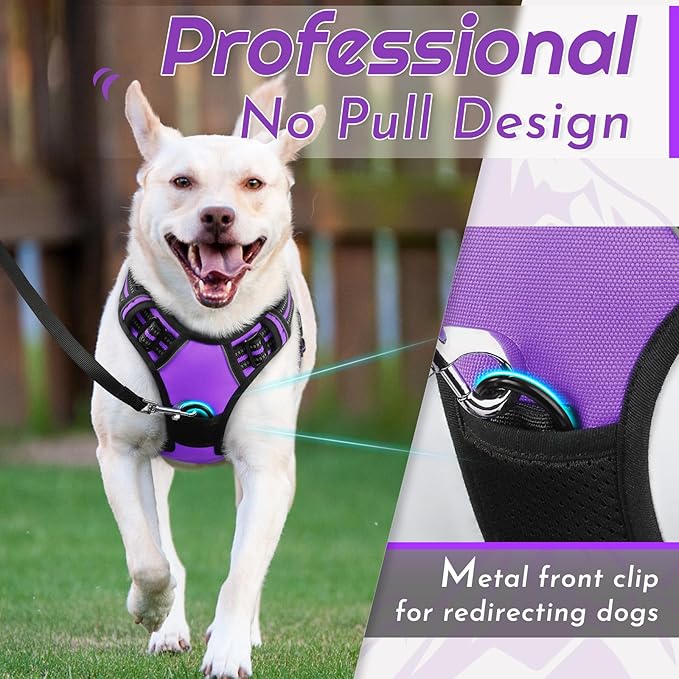 Eagloo Dog Harness for Large Dogs, No Pull Service Vest with Reflective Strips and Control Handle, Adjustable and Comfortable for Walking, No Choke Pet Harness with 2 Metal Rings, Purple, XL-PawvioPets